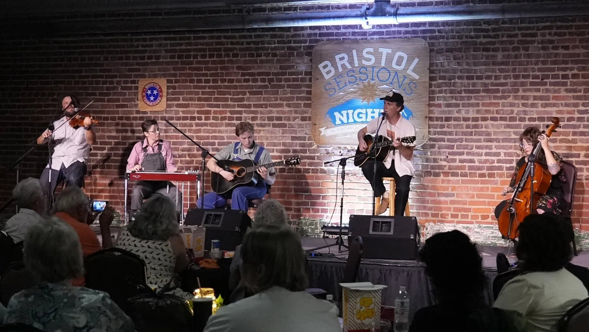 Henry Barnes on fiddle with Conner Vlietstra and Kris Truelsen on guitar, joined by pedal steel and cello, at Bristol Sessions Nights: The Blue Yodel, Bristol Listening Room, Bristol, Tennessee