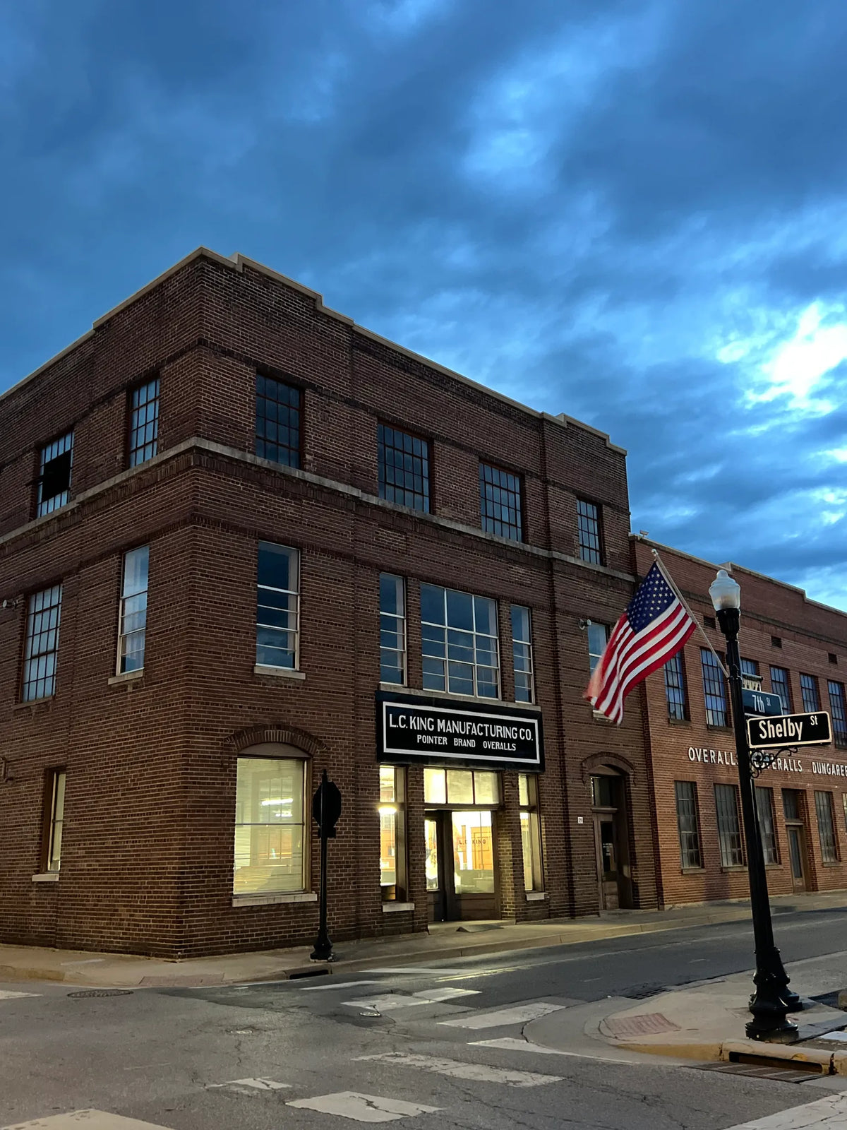 The historic L.C. King Manufacturing building at dusk, home of the Bristol Listening Room at Bristol Sessions Nights: The First Take, Bristol Listening Room, L.C. King Building, Bristol, Tennessee