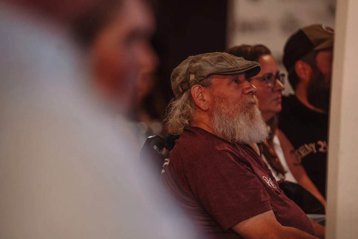 A bearded guest listening intently during a set at Bristol Sessions Nights: The First Take, Bristol Listening Room, L.C. King Building, Bristol, Tennessee