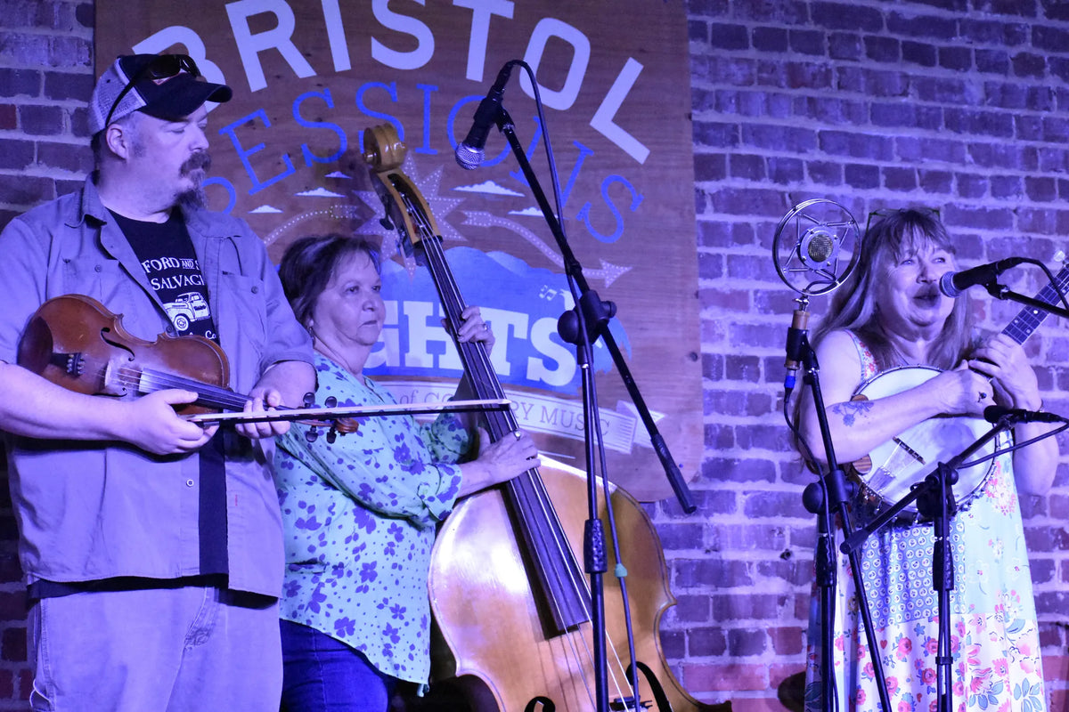 Whitetop Mountain Band fiddle, bass and banjo players singing together at Bristol Sessions Nights: The Carter Sessions, Bristol Listening Room, L.C. King Building, Bristol, Tennessee