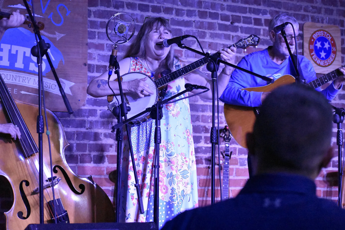 Whitetop Mountain Band banjo player singing with guitar and upright bass at Bristol Sessions Nights: The Carter Sessions, Bristol Listening Room, L.C. King Building, Bristol, Tennessee