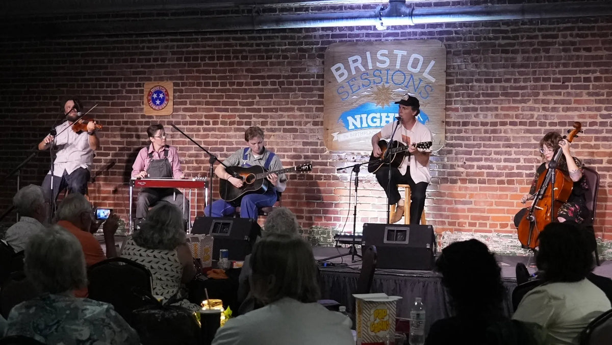 The full Blue Yodel ensemble plays fiddle, guitars, keyboard and cello for a packed room at Bristol Sessions Nights: The Blue Yodel, Bristol Listening Room, L.C. King Building, Bristol, Tennessee