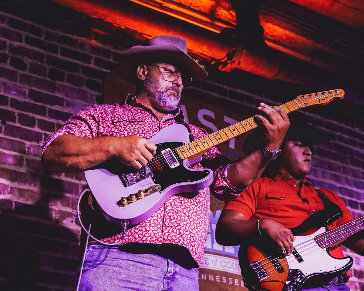 A guitarist in a cowboy hat plays a Telecaster as the bassist sings at Bristol Sessions Nights: A True Taste of Tennessee, Bristol Listening Room, L.C. King Building, Bristol, Tennessee