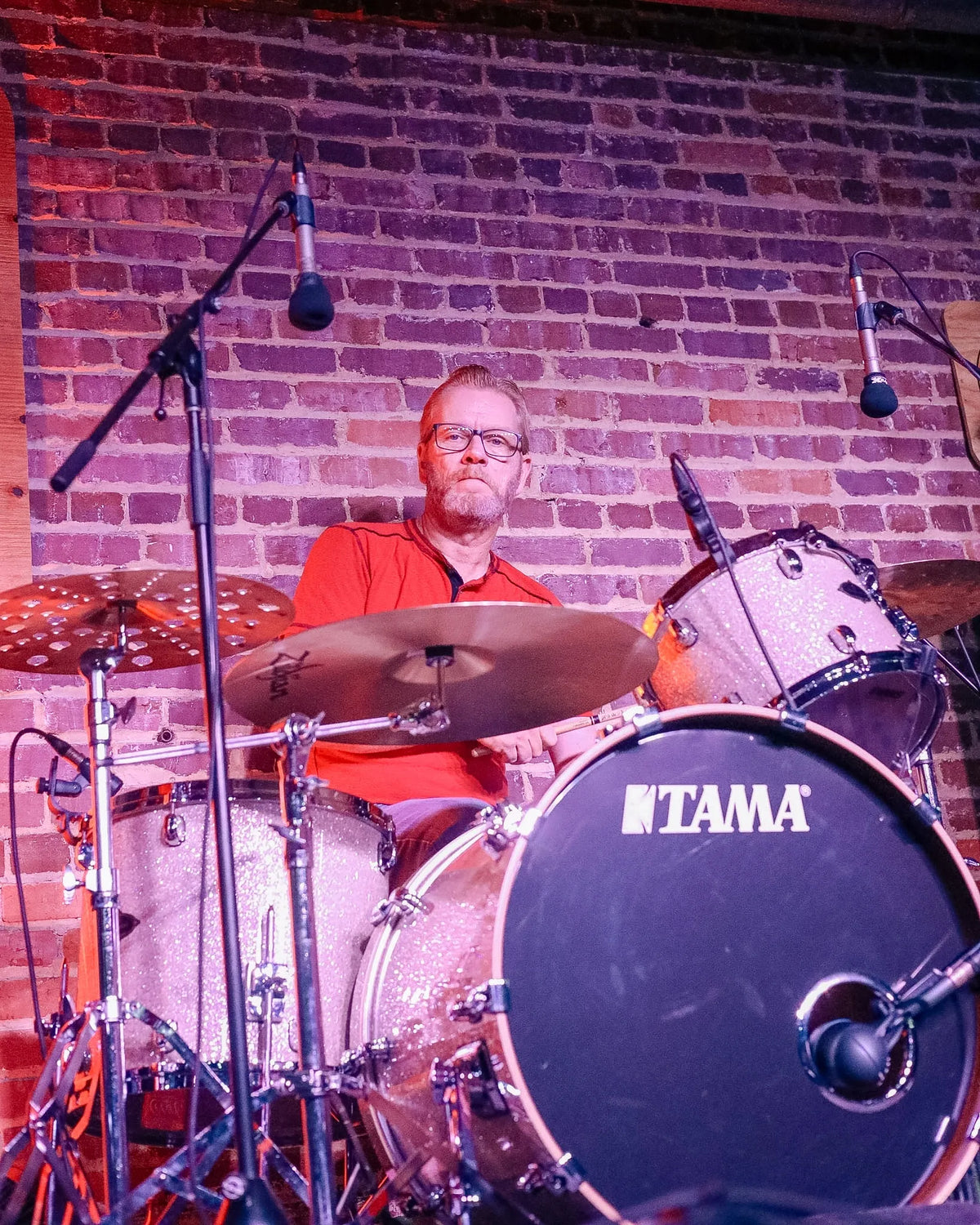 A drummer keeps time on a vintage-style drum kit at Bristol Sessions Nights: A True Taste of Tennessee, Bristol Listening Room, L.C. King Building, Bristol, Tennessee